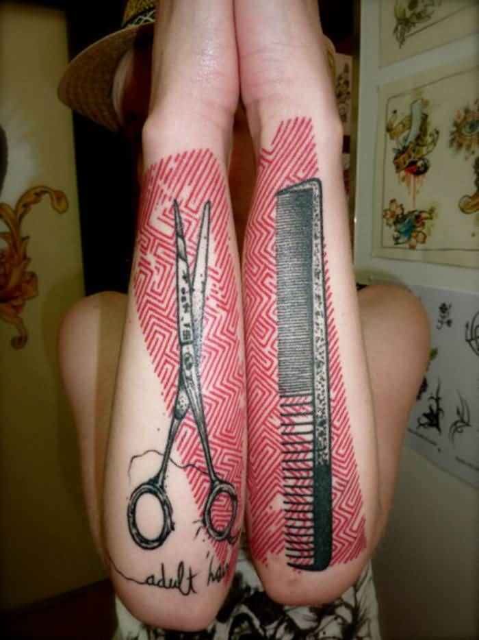 Hair Comb And Scissor With Great Background Design Tattoo On Both Forearms