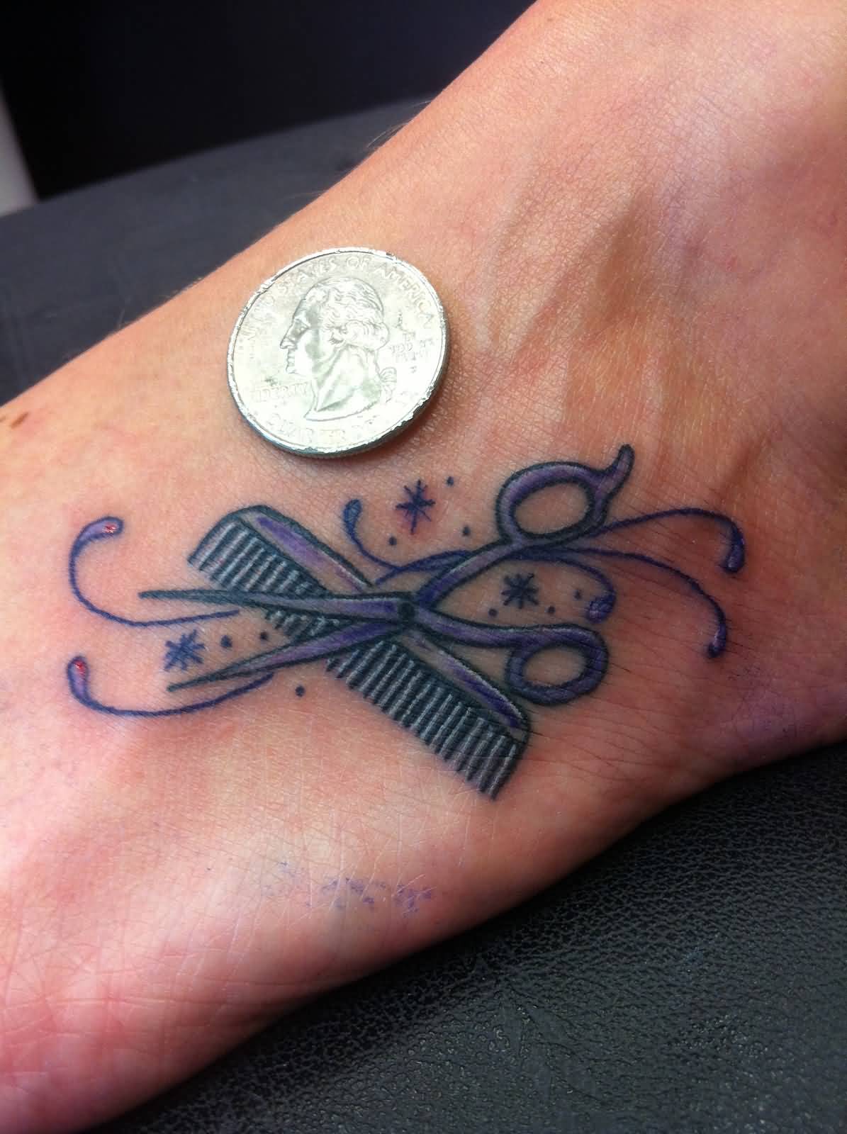 Hair Comb And Scissor With Tiny Stars Tattoo On Foot