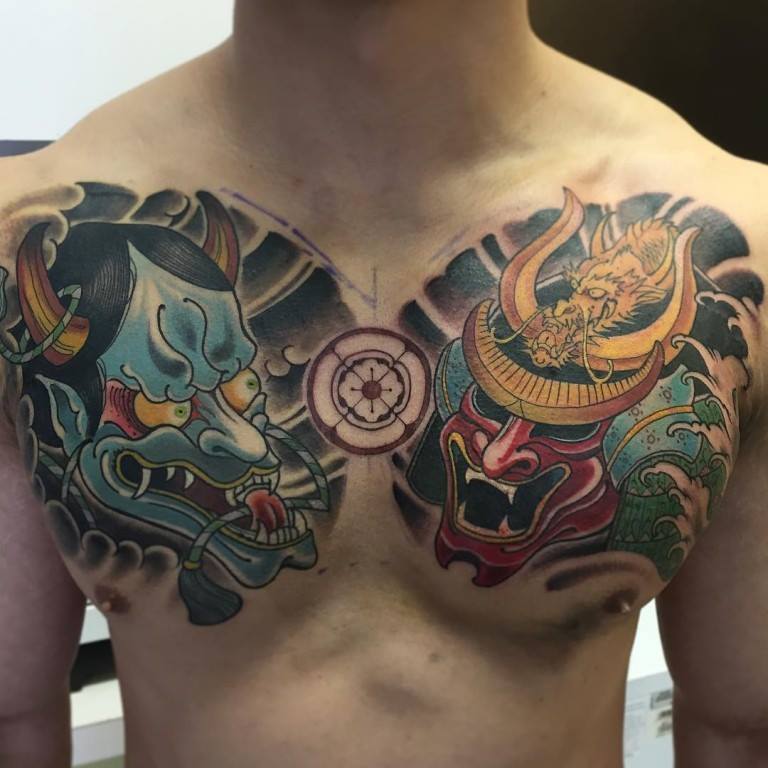 Hannya Tattoo On Man Chest by Michael Beddome