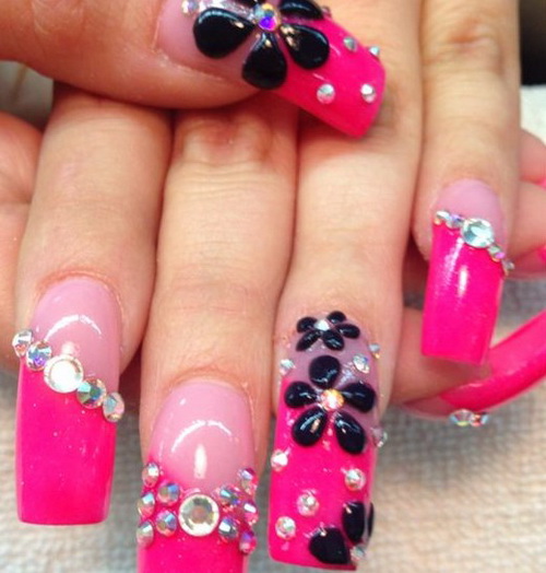 Hot Pink Acrylic Nail Art With Black 3d Flowers Design