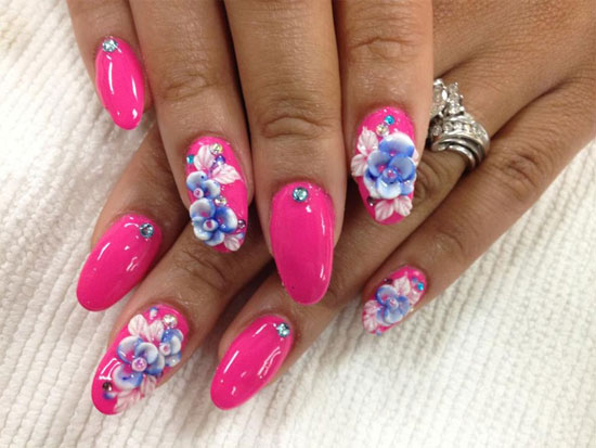Hot Pink Acrylic Nail Art With Flowers Design