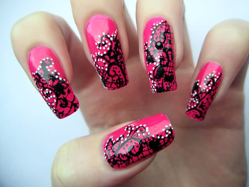 Hot Pink Nails With Black Lace Nail Art