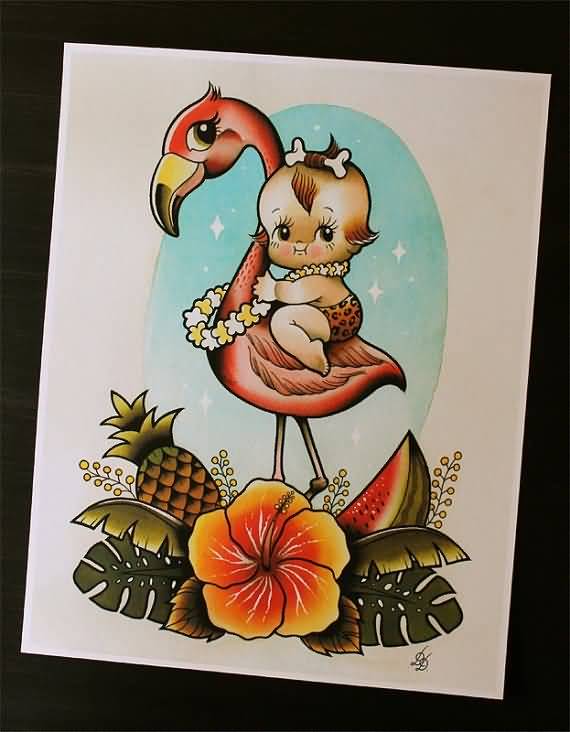 Incredible Baby Sitting On Flamingo With Flowers And Fruits Tattoo Design