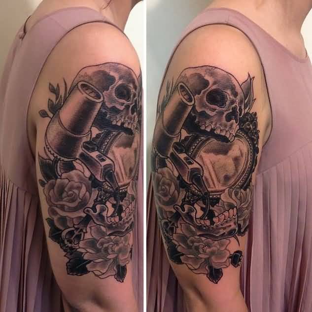 Incredible Blow Dryer With Skull And Flowers Tattoo On Half Sleeve