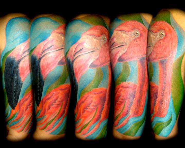 Incredible Colorful Flamingo Tattoo On Half Sleeve