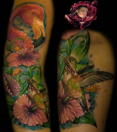 Incredible Colorful Flamingo With Bird And Flowers Tattoo On Forearm By Sofat