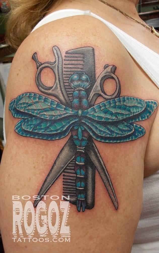 Incredible Comb And Scissor With Dragonfly Tattoo On Half Sleeve