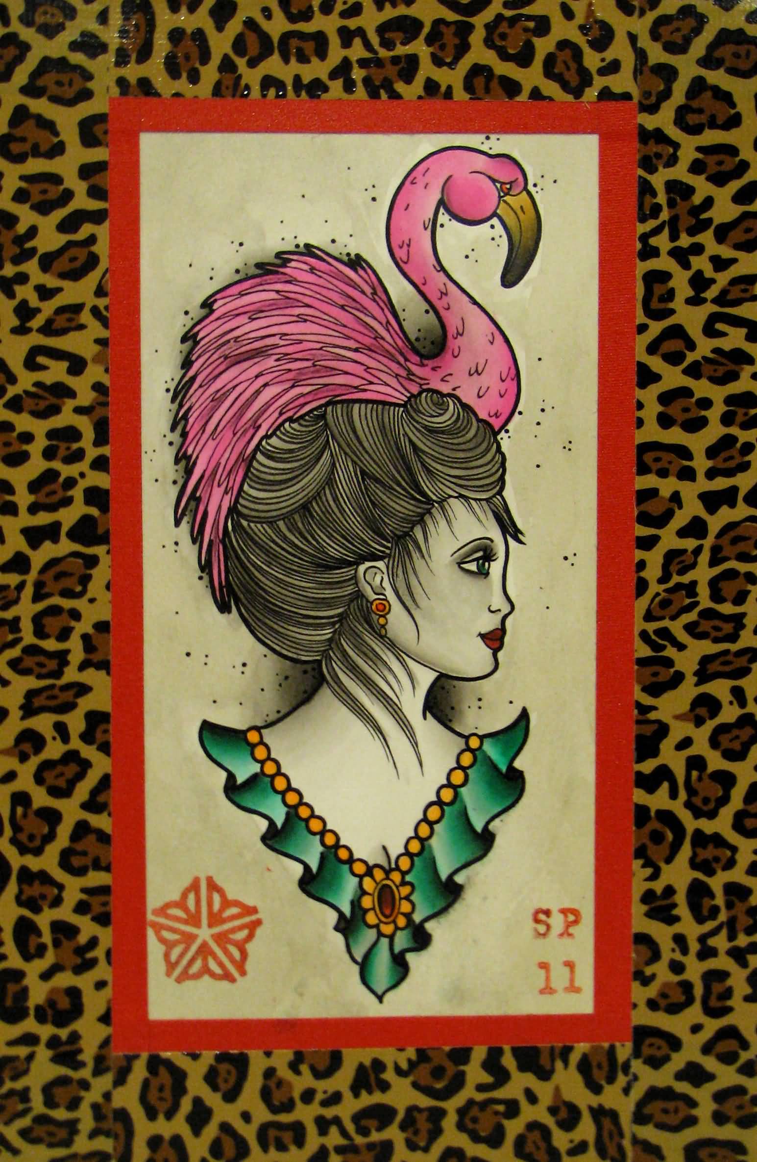 Incredible Flamingo On Lady's Head In Nice Frame Tattoo Design