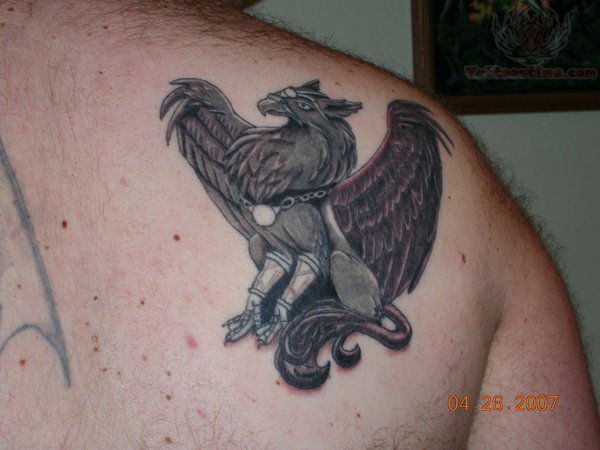 Incredible Grey Ink Griffin Tattoo On Back Shoulder