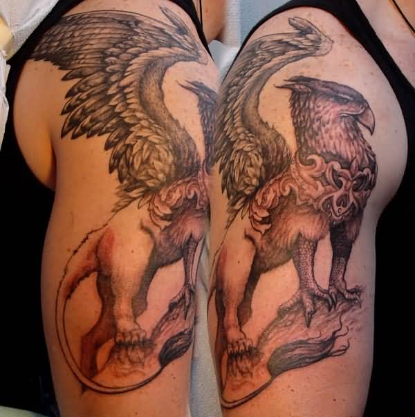 Incredible Griffin Tattoo On Half Sleeve