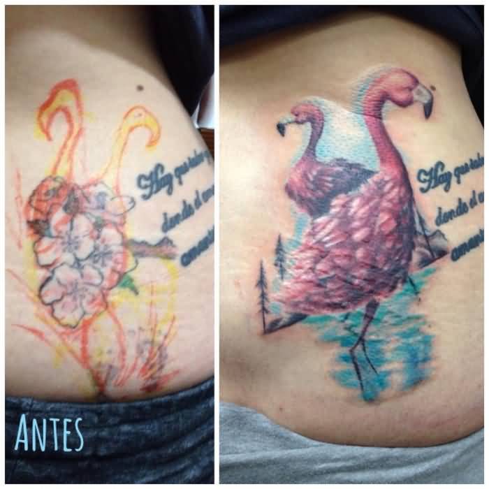 Incredible Two Flamingos With Sea And Trees And Texts Tattoo
