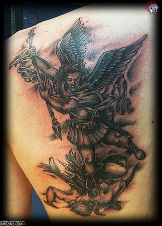 Left Back Shoulder Archangel Tattoo For Men