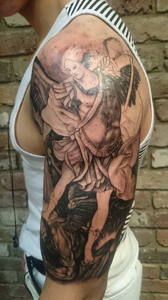 Left Half Sleeve Archangel Tattoo For Guys
