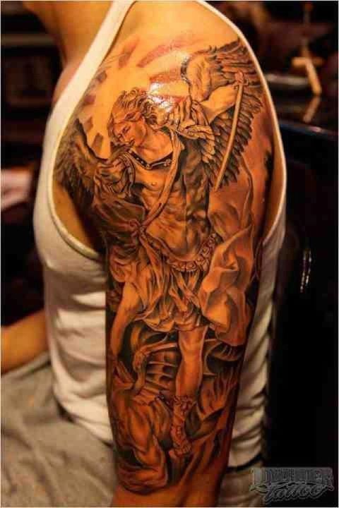 Left Half Sleeve Archangel Tattoo For Men