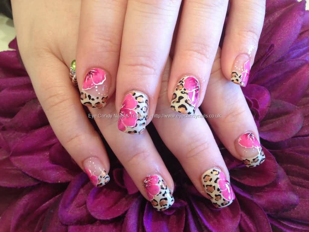 Leopard Print And Pink Flower Acrylic Nail Art