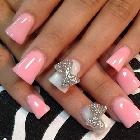 Light Pink Acrylic Nail Art With Accent Metallic 3d Bow