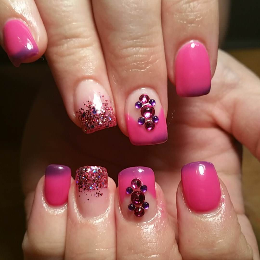 Lovely Pink Acrylic Nail Art With Rhinestones Design