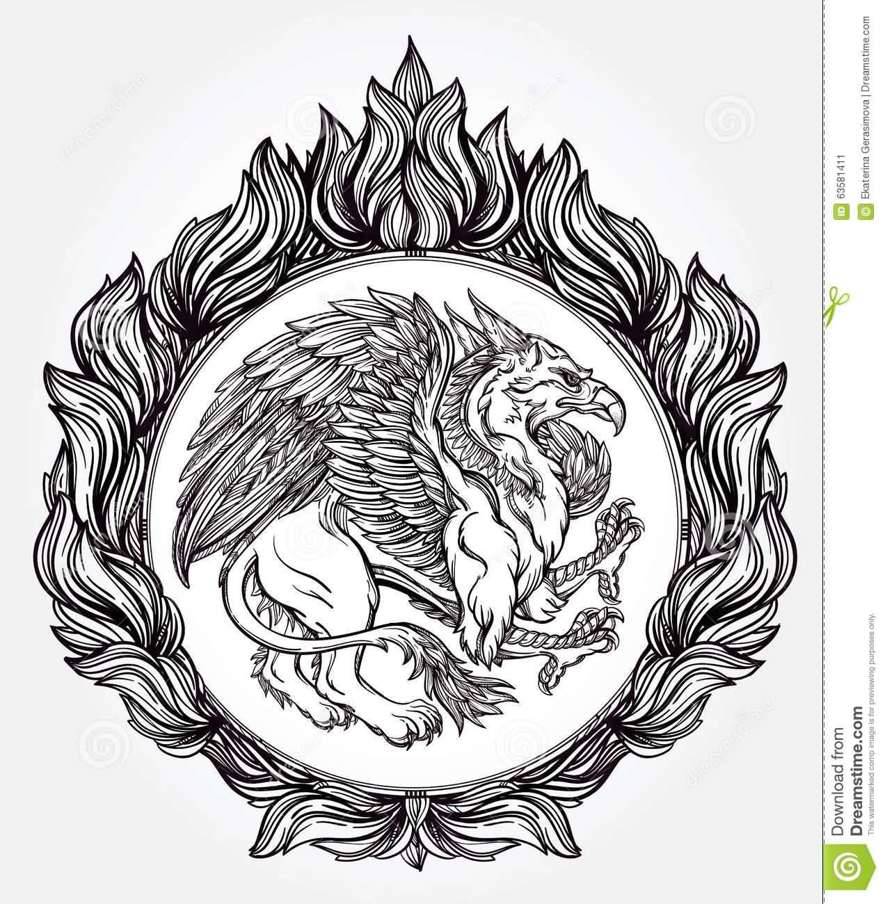 Magnificent Griffin In Nice Circle Frame Tattoo Design