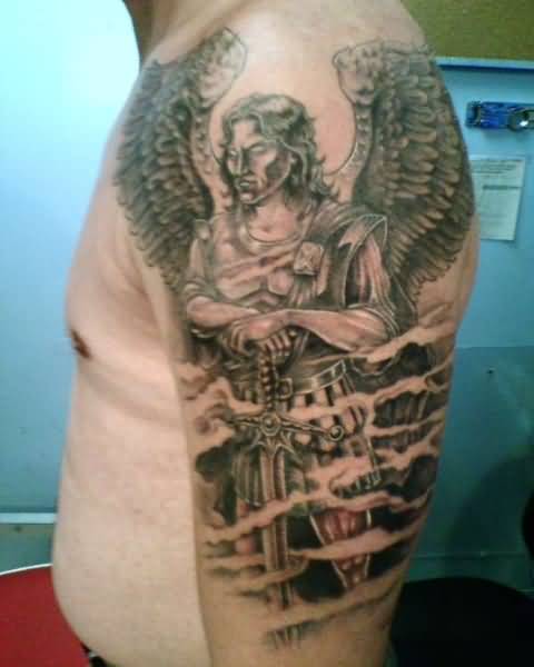Man Left Half Sleeve Archangel Tattoo Idea