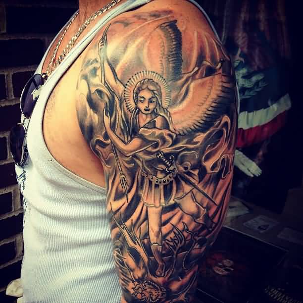 Man Left Half Sleeve Archangel Tattoo