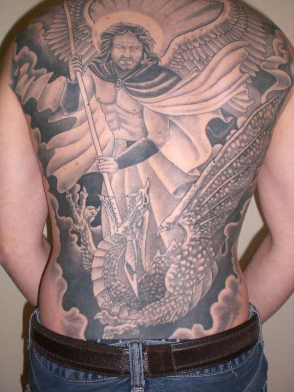 Michel Archangel Tattoo On Man Full Back