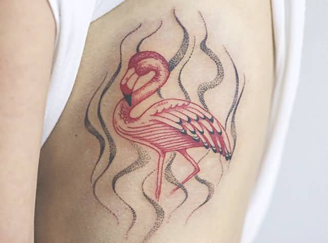 Mind Blowing Flamingo With Grey Color Water Tattoo