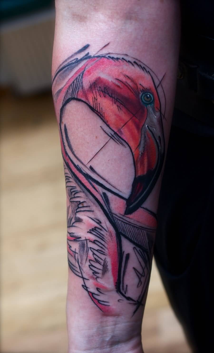 Mind Blowing Red Colored Flamingo Tattoo On Forearm