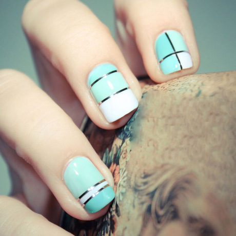 Mint And White Nails With Silver Metallic Stripes