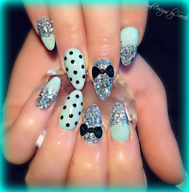 Mint Green And Black Almond Acrylic Nail Art With 3d Bow Design