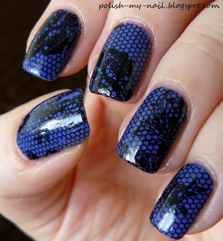Navy Blue Glossy Nails With Black Lace Nail Art