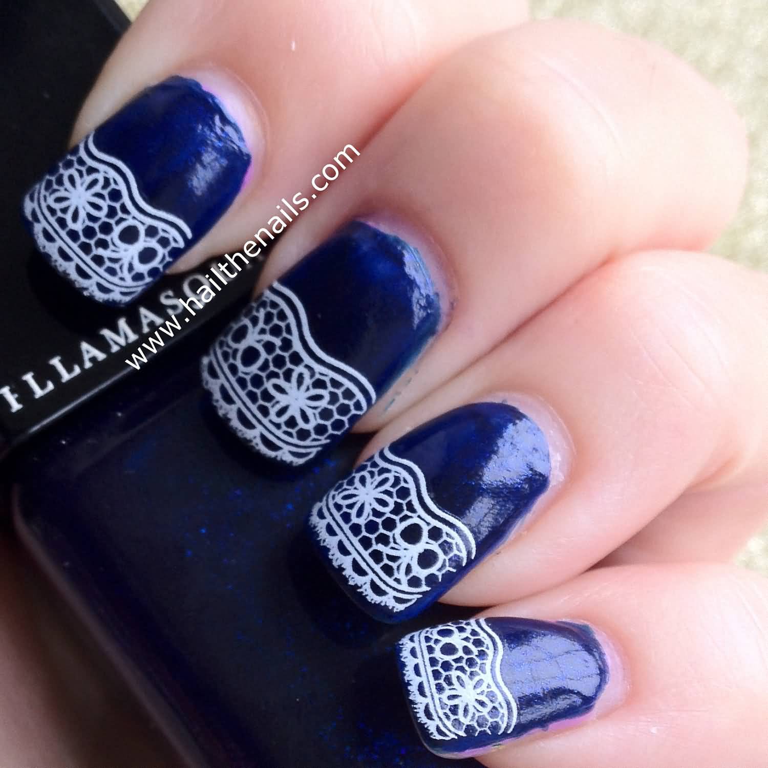 Navy Blue Nails White French Tip Lace Nail Art