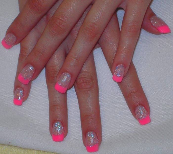 Neon Pink Glitter Acrylic Paint French Tip Design