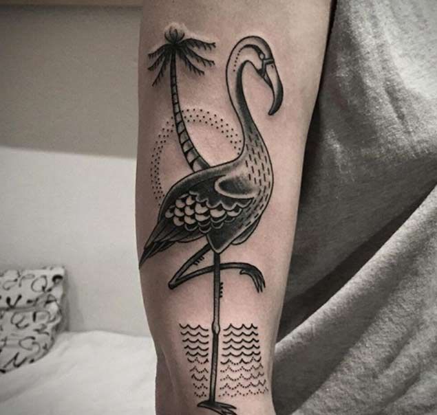 Nice Black Ink Flamingo Tattoo On Forearm By Andre Cast
