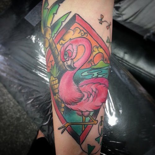Nice Colorful Flamingo With Palm Tree And Sun With Sea Tattoo On Forearm