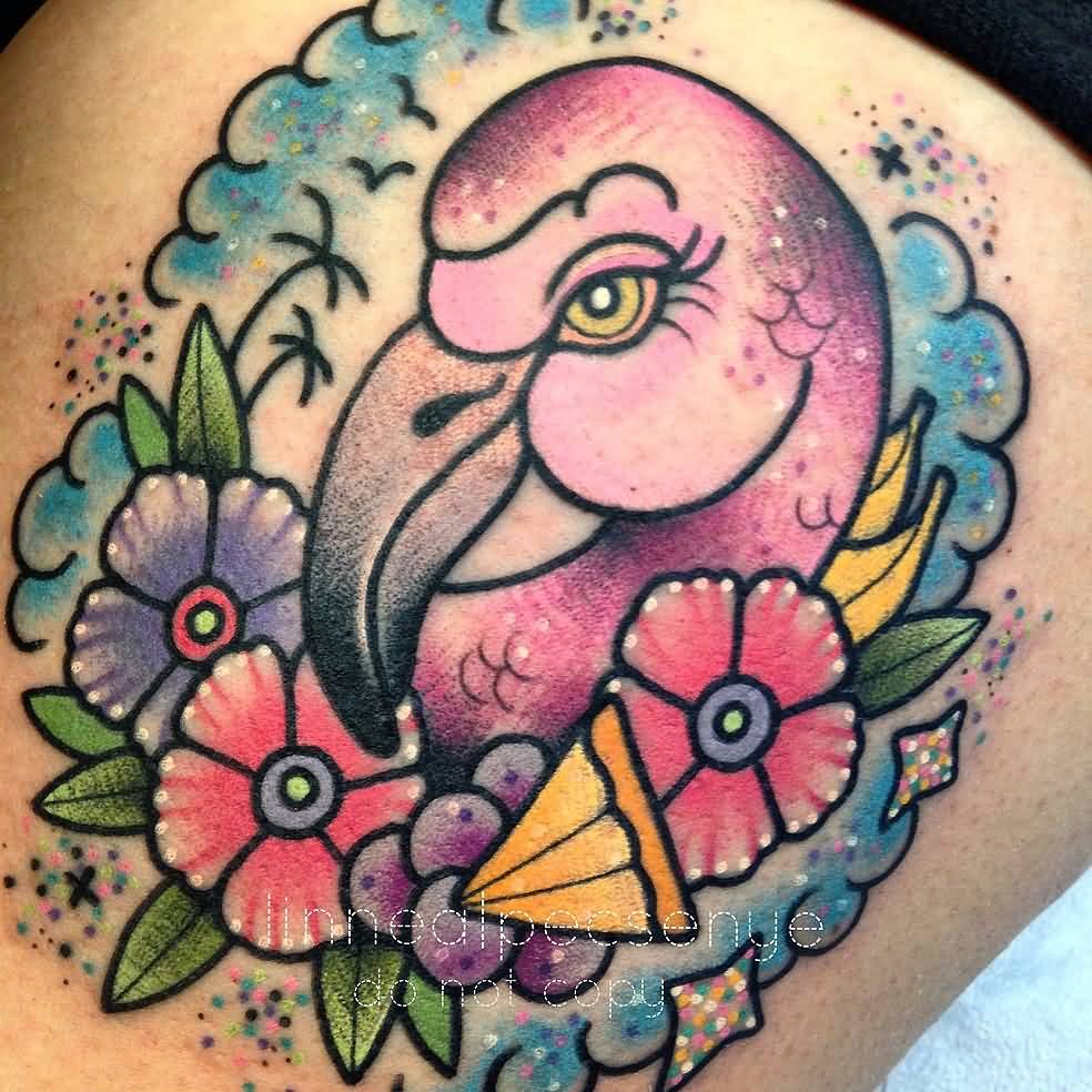 Nice Flamingo Head With Flowers And Clouds Tattoo