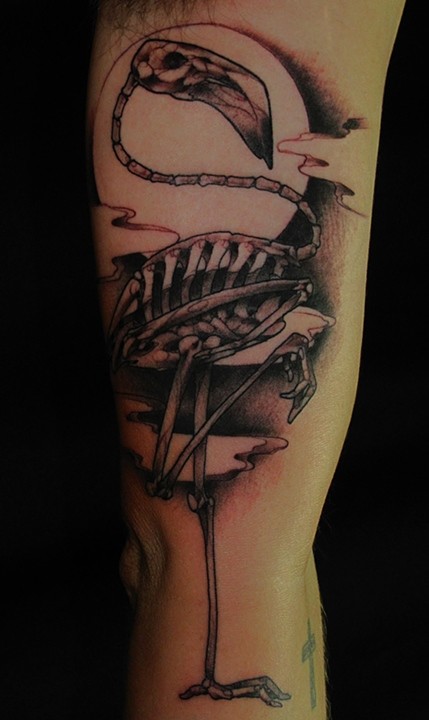 Nice Flamingo Skeleton Tattoo On Half Sleeve