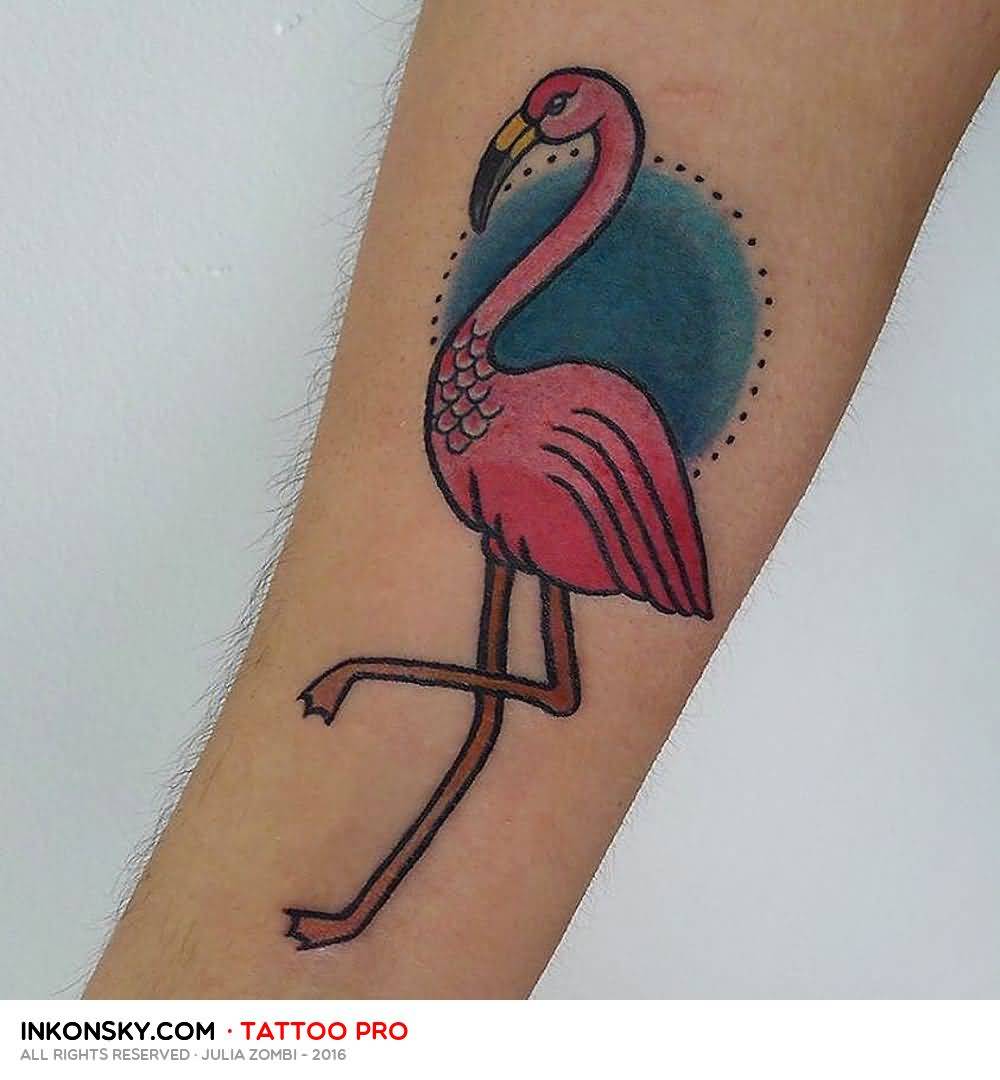 Nice Flamingo With Blue Color Sun Tattoo On Forearm