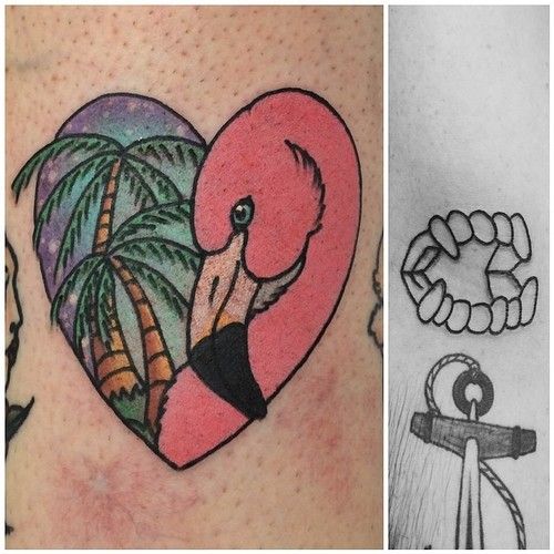 Nice Flamingo With Palm Trees In Heart Shape Tattoo