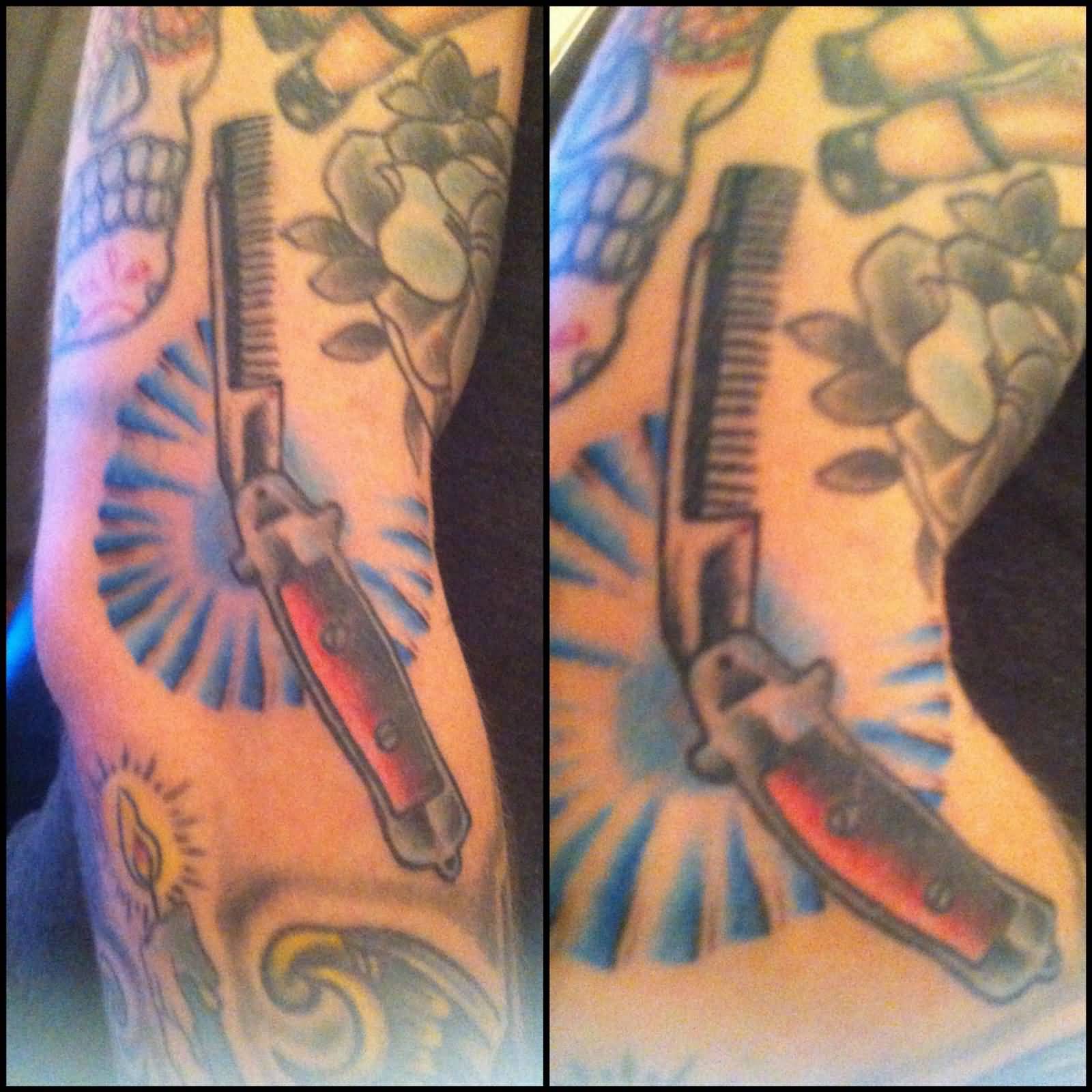 Nice Flick Comb Tattoo On Sleeve By Simon J Blay