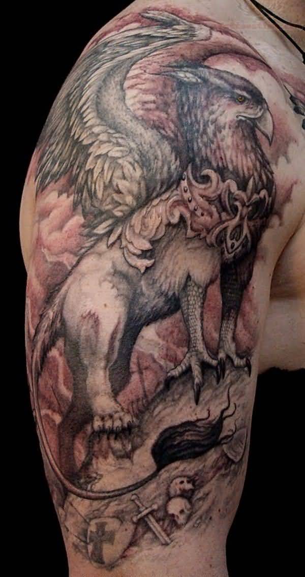 Nice Grey Ink Griffin Tattoo On Half Sleeve