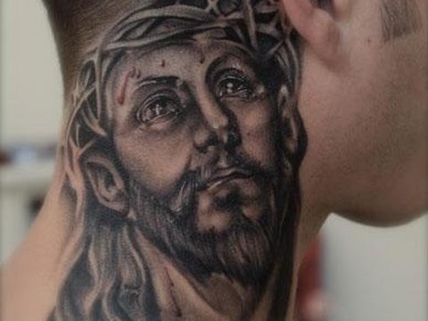 Nice Grey Jesus Head Tattoo On Side Neck