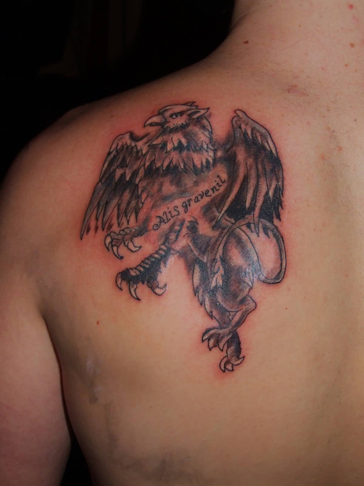 Nice Light Red Color Griffin Tattoo On Left Back Shoulder
