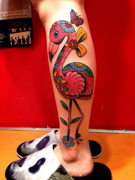 Nice New School Colorful Flamingo With Butterfly Tattoo On Leg