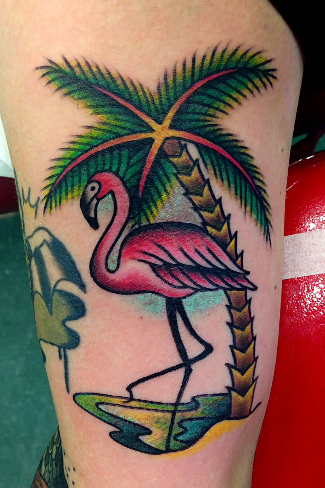 Nice Traditional Flamingo With Palm Tree Tattoo