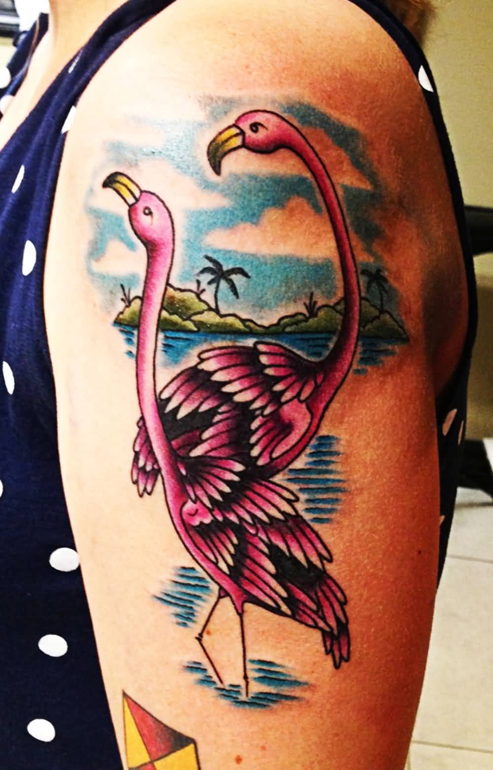 Nice Two Flamingos With Sea And Island Tattoo On Half Sleeve