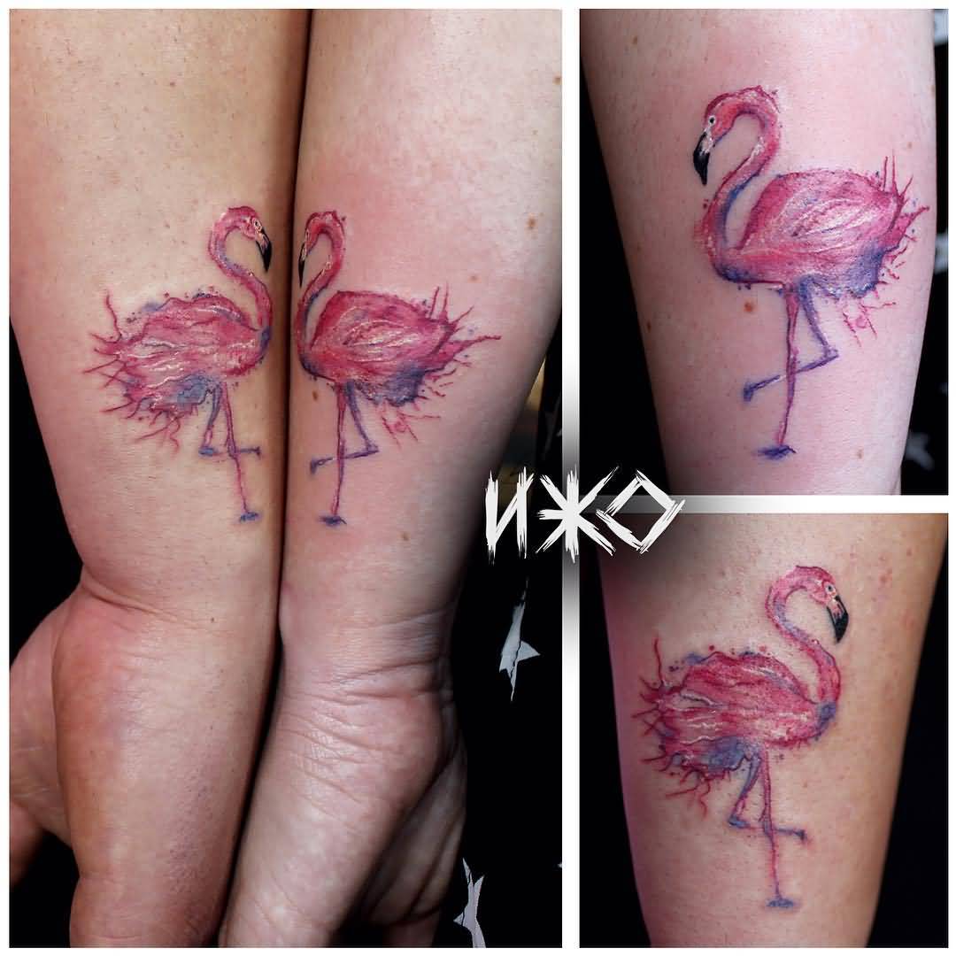 Nice Watercolor Flamingo Tattoos On Wrists