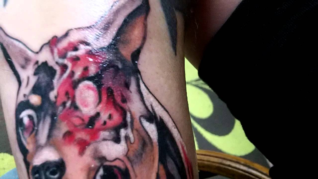 Nice Zombie Doberman Face Tattoo On Leg