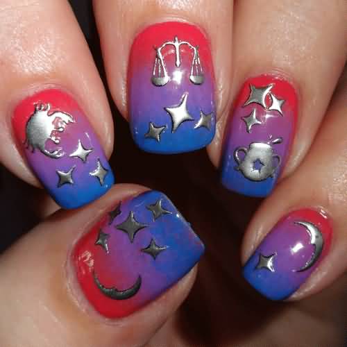 Ombre Nails With Metallic Horoscope Stickers Design