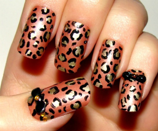 Orange And Gold Leopard Print Nail Art With 3d Bow Design