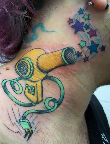 Outstanding Blow Dryer With Colorful Stars Tattoo On Side Neck